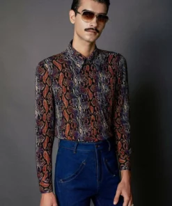 Orange Rust Snakeskin Print Long Sleeve Shirt