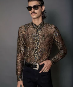 Black Lace Gold Western Peacock Shirt