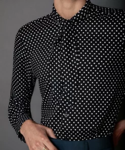 Black Polka Dot Neck Tie Western Viscose Shirt -US Clothing Shop 11BO4A0830
