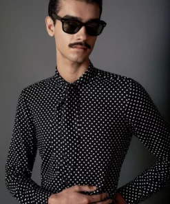 Black Polka Dot Neck Tie Western Viscose Shirt -US Clothing Shop 11BO4A0839