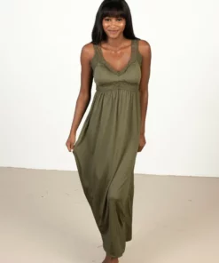 Olive Green Crochet Trim Maxi Dress