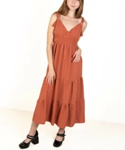 Rust Elastic Empire Waist Maxi Dress