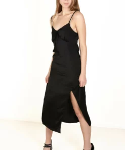 Black Satin Tie Front Maxi Dress -US Clothing Shop 174 6864BlkTiemaxifrontslit 32275.1683149111