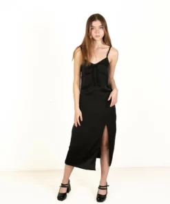 Black Satin Tie Front Maxi Dress