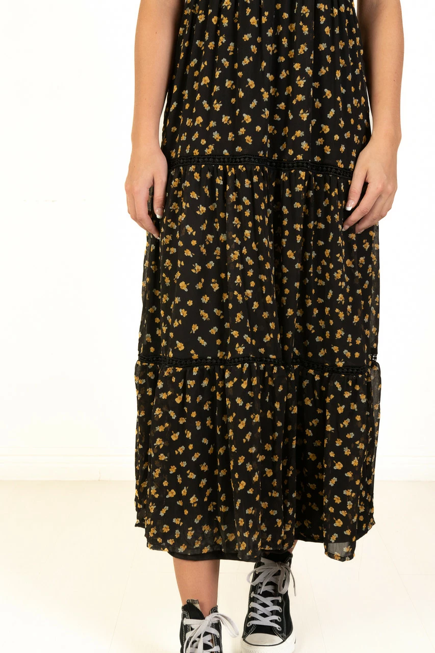 Black & Gold Floral Lace Trim Tiered Maxi Dress 6 Black & Gold Floral Lace Trim Tiered Maxi Dress - Image 6