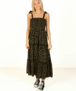 Black & Gold Floral Lace Trim Tiered Maxi Dress
