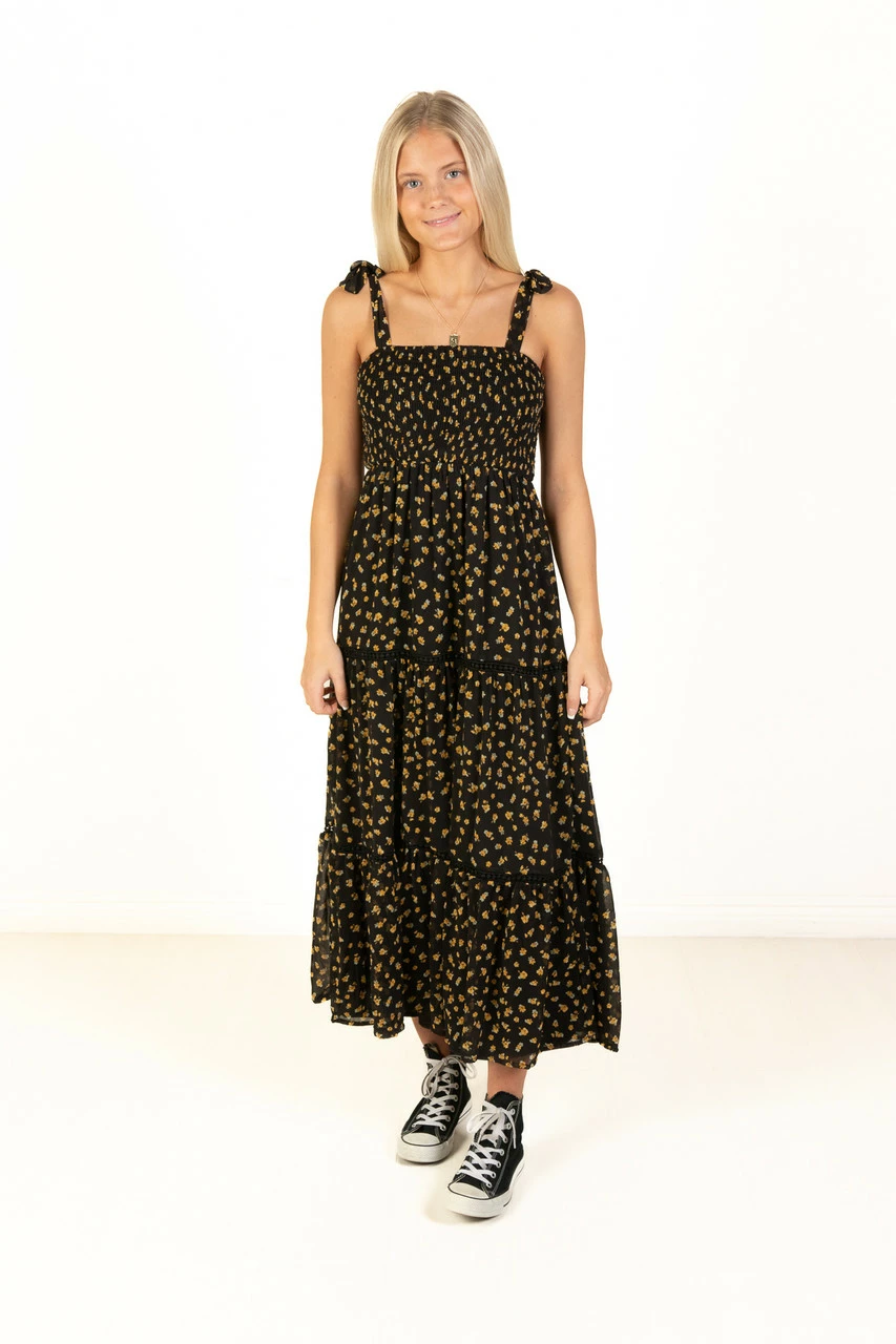 Black & Gold Floral Lace Trim Tiered Maxi Dress 1 Black & Gold Floral Lace Trim Tiered Maxi Dress