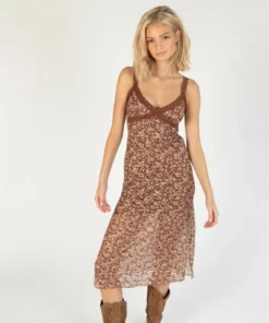 Brown Lace Trim Printed Midi Dress