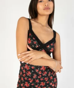 Black Lace Trim Printed Midi Dress