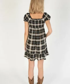 Onyx Plaid Puff Sleeve Babydoll Dress -US Clothing Shop 174 6927 PuffPlaidDarkBack 4986 28814.1689264713