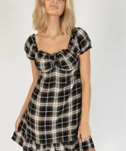 Onyx Plaid Puff Sleeve Babydoll Dress -US Clothing Shop 174 6927 PuffPlaidDarkFront 4966 21062.1689264715