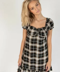 Onyx Plaid Puff Sleeve Babydoll Dress