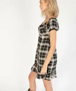 Onyx Plaid Puff Sleeve Babydoll Dress -US Clothing Shop 174 6927 PuffPlaidDarkSide 4980 23096.1689264712