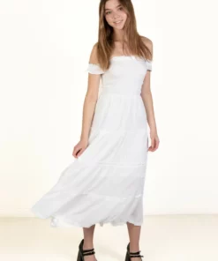 White Over The Shoulder Tiered Maxi Dress