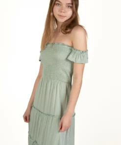 Spring Green Over The Shoulder Tiered Maxi Dress