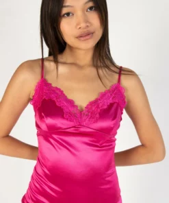 Fuchsia Lace Trim Satin Slip Dress