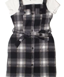 Button Front Plaid Mini Dress With Tee