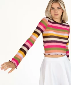 Spring Garden Bell Sleeve Crochet Stripe Sweater