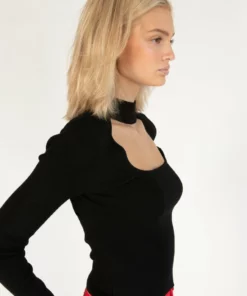 Black Ribbed Mock Neck Cut Out Sweater -US Clothing Shop 176 2413 BlkCutOutSweatSide 5129 29440.1689265480