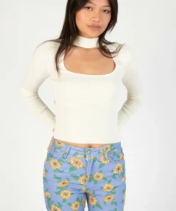 Egret Ribbed Mock Neck Cut Out Sweater