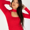 Red Ribbed Mock Neck Cut Out Sweater