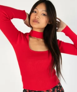 Red Ribbed Mock Neck Cut Out Sweater