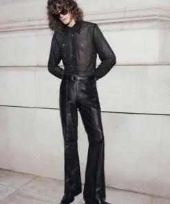 High Waisted Pin Tuck Slim Fit Flare Leather Trousers