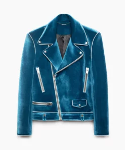 Blue Velvet Piped Biker Jacket