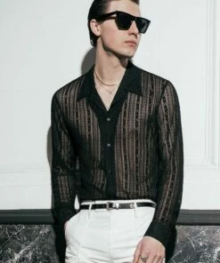 Front Page 23 Black Lace Crochet Long Sleeve Shirt