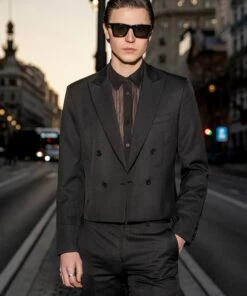 Black Cropped Double Breasted Blazer