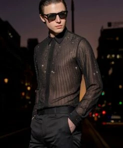 Front Page 25 Black Chiffon Sequin Button Down Shirt