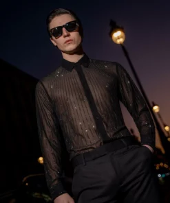 Black Chiffon Sequin Button Down Shirt -US Clothing Shop DSC4275