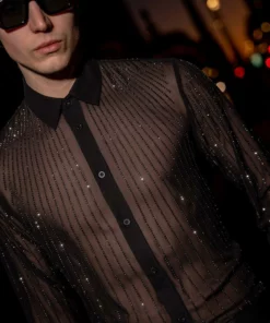 Black Chiffon Sequin Button Down Shirt -US Clothing Shop DSC4279