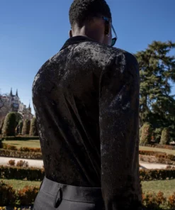 Black Crushed Velvet Shawl Collar Shirt -US Clothing Shop DSC5424