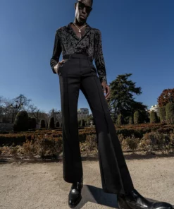 Black Pin Tuck High Waisted Flared Trouser -US Clothing Shop DSC5445