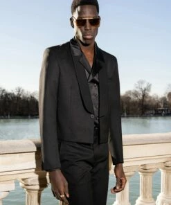 Black Cropped Shawl Collar Blazer