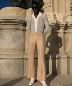 Beige Wool Gold Button Flare Trousers