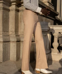 Beige Wool Gold Button Flare Trousers -US Clothing Shop DSC5722