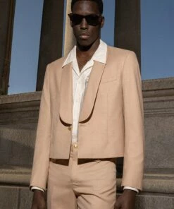 Beige Wool Gold Button Crop Shawl Blazer