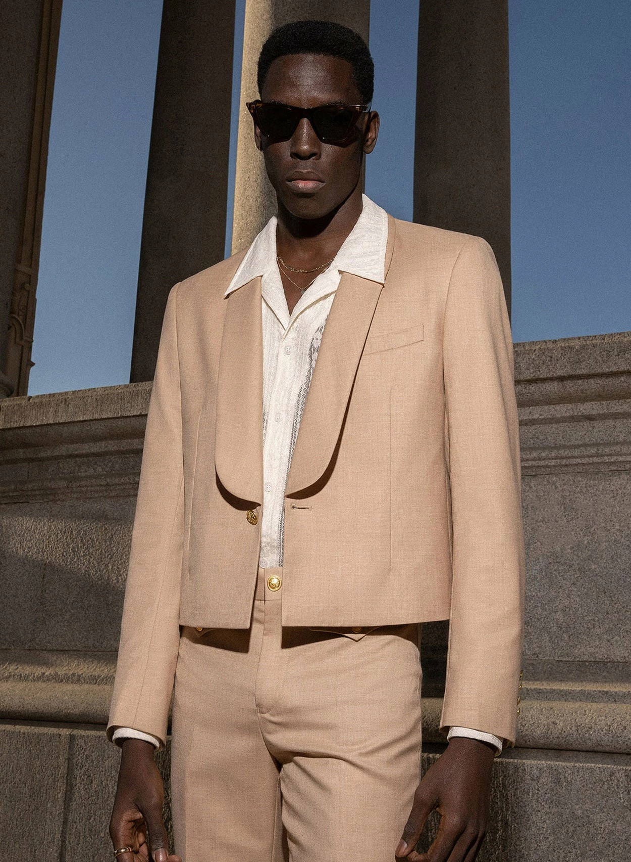 Beige Wool Gold Button Crop Shawl Blazer 1 Beige Wool Gold Button Crop Shawl Blazer