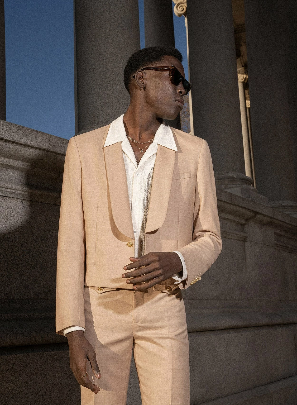 Beige Wool Gold Button Crop Shawl Blazer 5 Beige Wool Gold Button Crop Shawl Blazer - Image 5