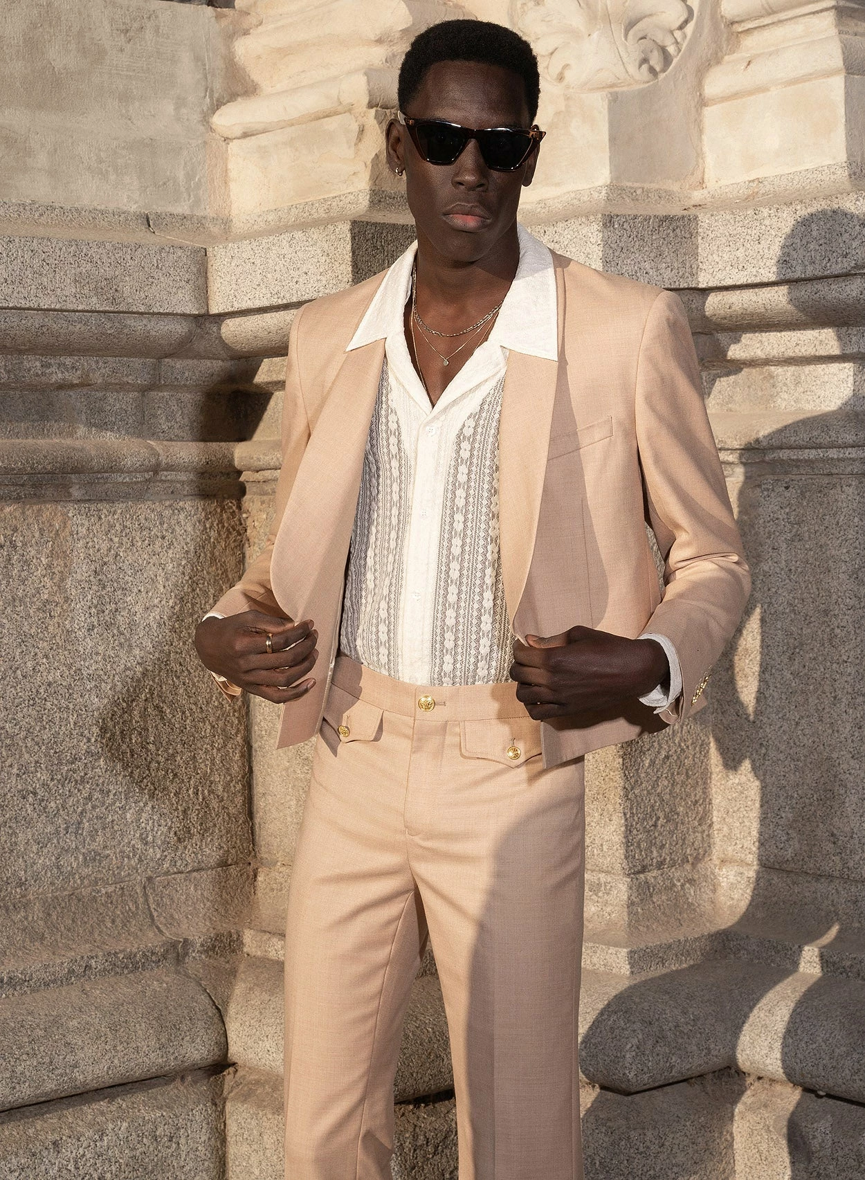 Beige Wool Gold Button Crop Shawl Blazer 6 Beige Wool Gold Button Crop Shawl Blazer - Image 6