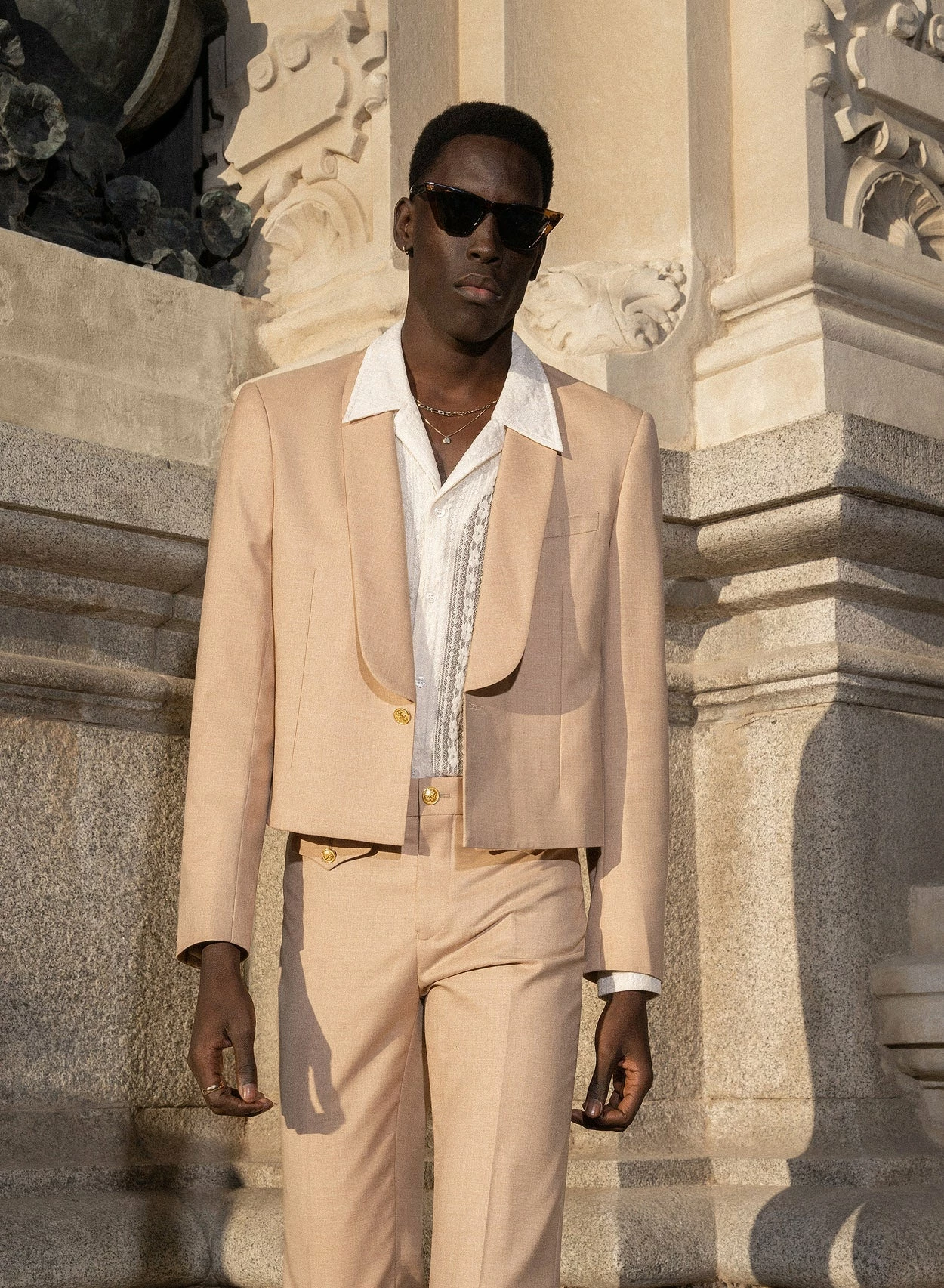 Beige Wool Gold Button Crop Shawl Blazer 3 Beige Wool Gold Button Crop Shawl Blazer - Image 3
