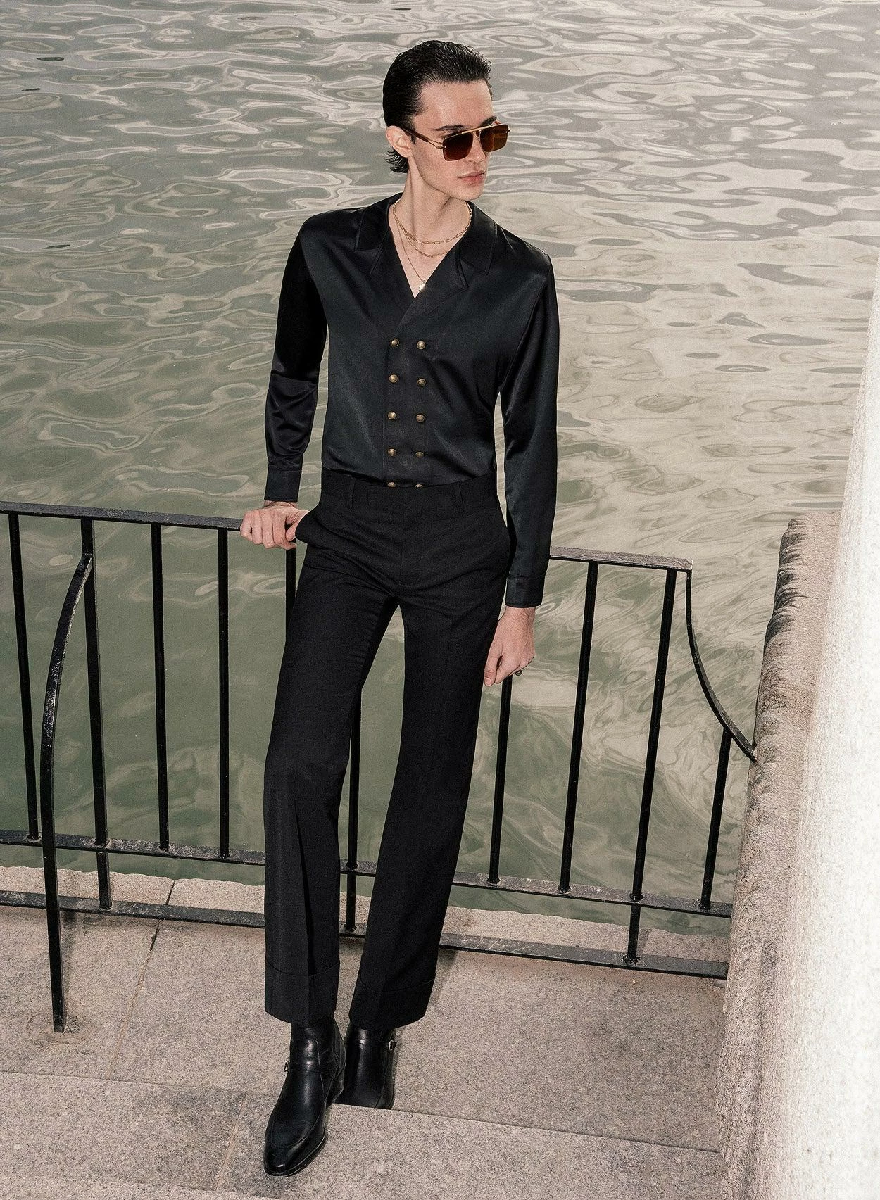 Black Double Breasted Satin Shirt 3 Black Double Breasted Satin Shirt - Image 3