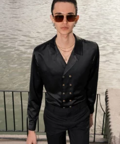 Black Double Breasted Satin Shirt 9 Black Double Breasted Satin Shirt -US Clothing Shop DSC7068