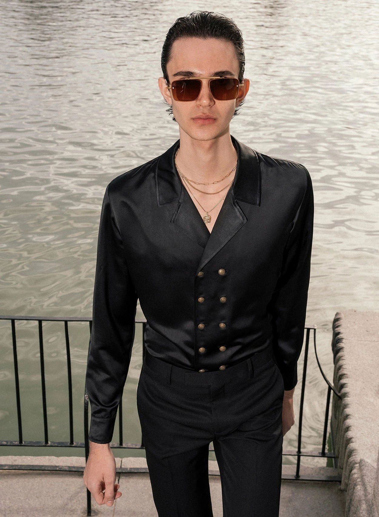 Black Double Breasted Satin Shirt 4 Black Double Breasted Satin Shirt - Image 4