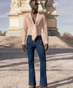 Blue Gold Button Pocket Flare Jeans