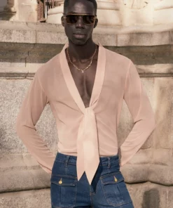 Camel V-Neck Draped Chiffon Tie Front Shirt