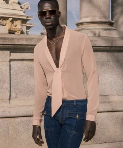 Camel V-Neck Draped Chiffon Tie Front Shirt -US Clothing Shop DSC8451