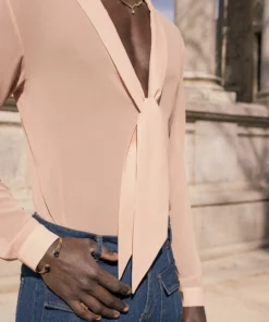 Camel V-Neck Draped Chiffon Tie Front Shirt -US Clothing Shop DSC8498